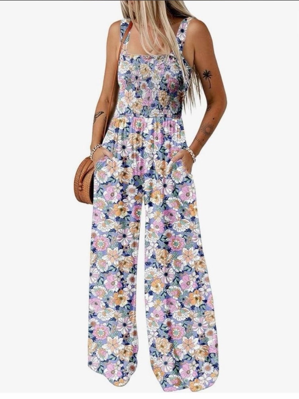 Floral Smocked Wide-Leg Jumpsuit in Multicolor